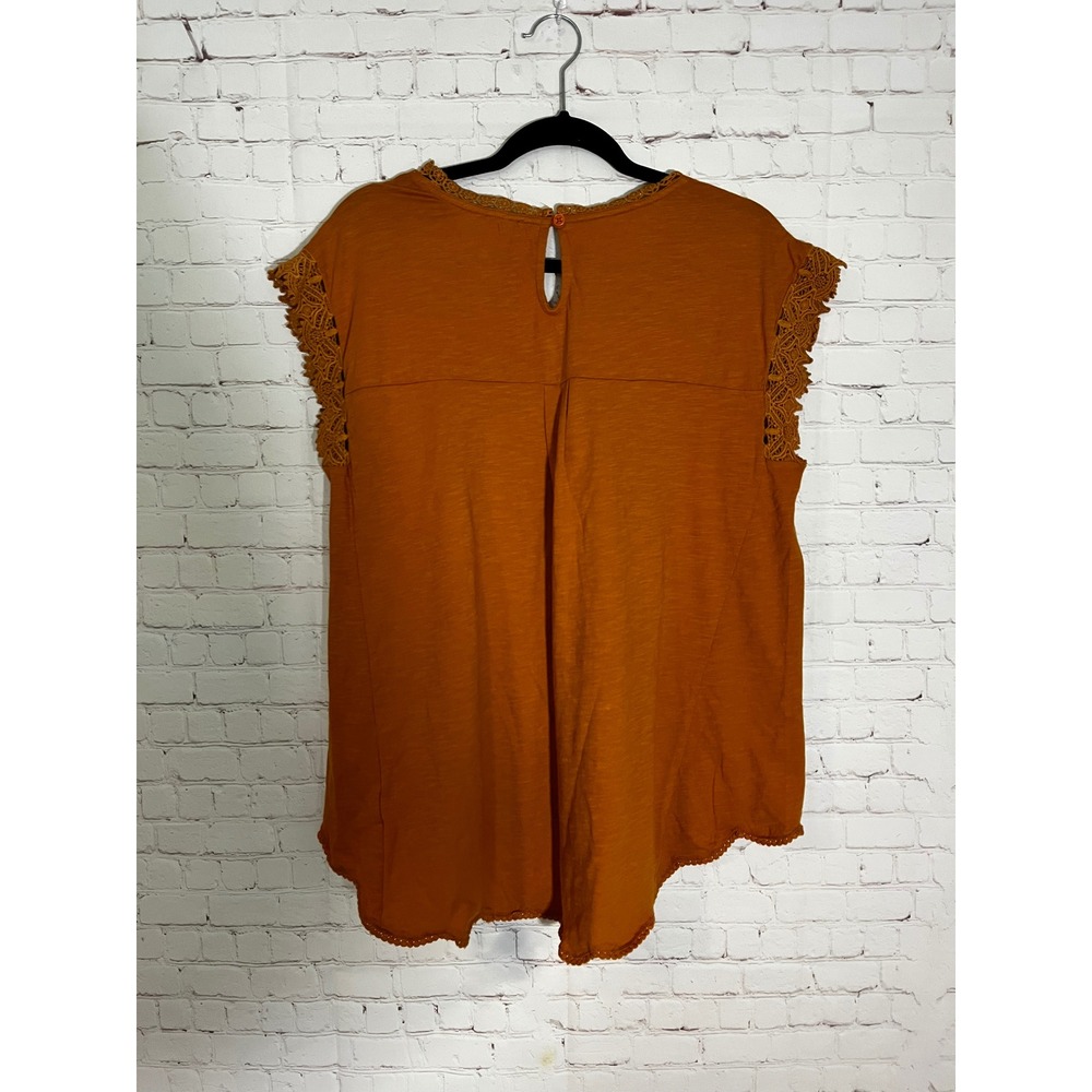 LOGO Lavish by Lori Goldstein Burnt Orange Crochet Lace Yoke Cotton Top Small - Picture 3 of 5